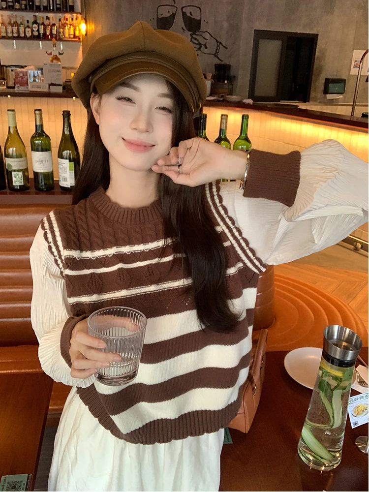 

GIDYQ Spring Fake Two Piece Sweater Women Korean Loose Striped Knit Vest Chiffon Lantern Sleeves Pullovers Fashion All Match Top