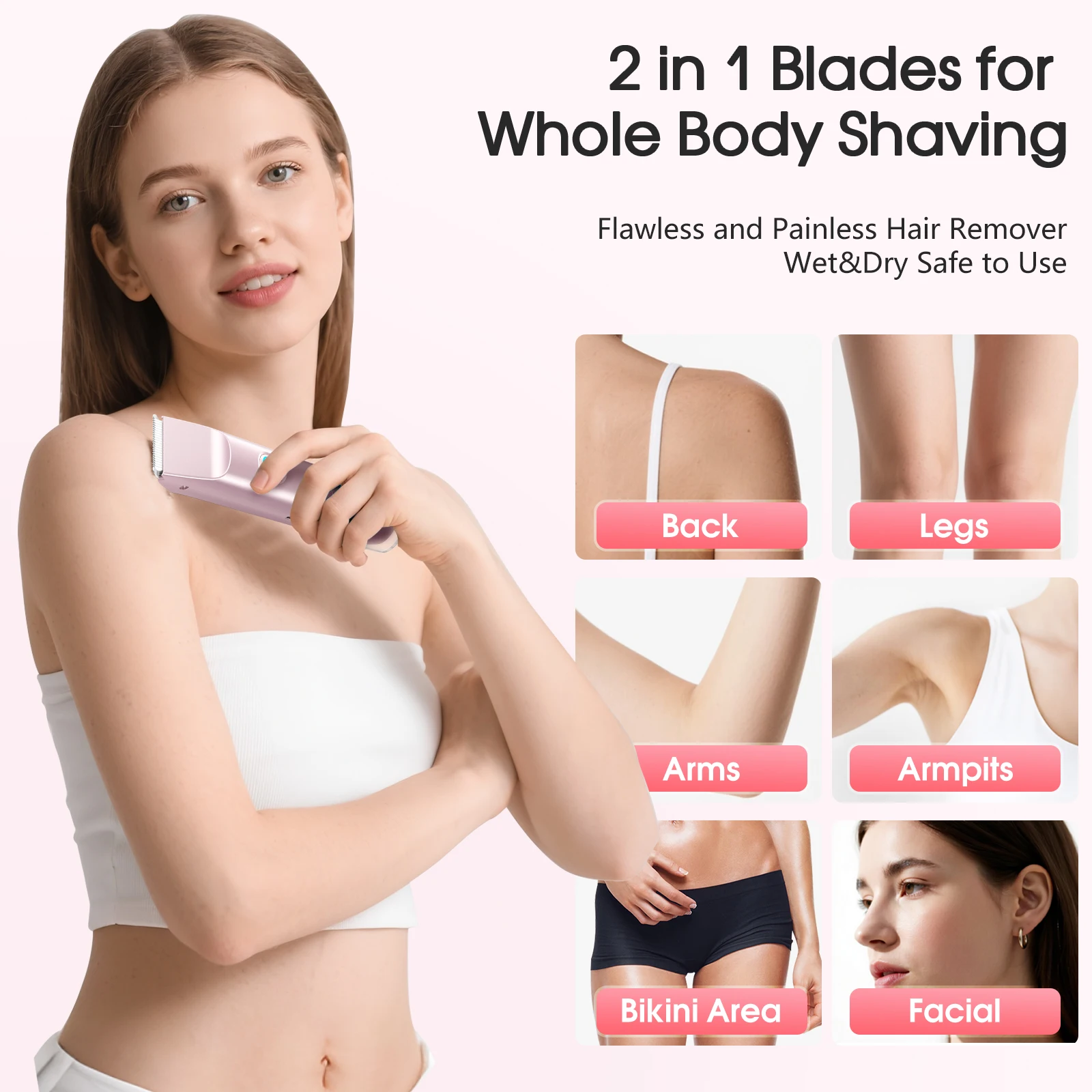 Electric Shaver for Women Waterproof Wet & Dry Hair Razors 2 in 1 Double Head Dual Bikini Hair Trimmer Detachable Head Shaver