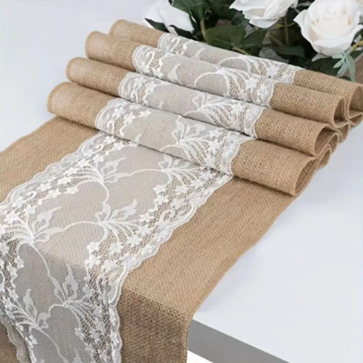 1Pc Rustic Vintage Coarse Linen Lace Patchwork Table Runner Table Flag Wedding Party Holiday Celebration Dining Table Decoration