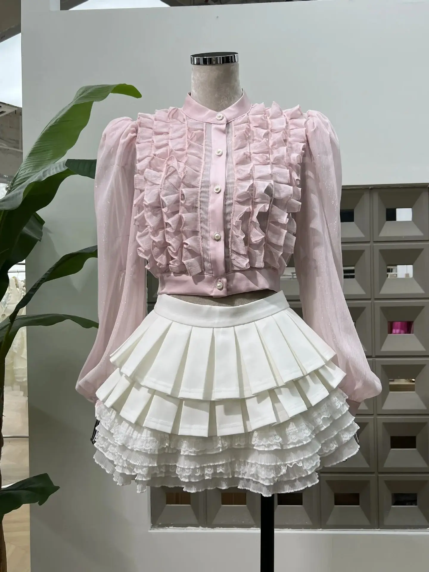 

Lady Sweet Fashion Ruffled Collar Puff Long Sleeve Short Blouse Pleated High Waist Tiered Skirt Two Piece Set Party Dress Outfit