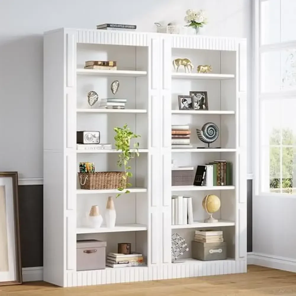 6-Tier White Modern Wood Bookshelf Set of 2 Home Office Living Room Bedroom Display Storage Space Saving Heavy Duty 11.81