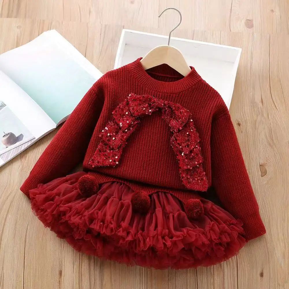 

2026 New Toddler Baby Girl Knitted Set Of Red New Year Clothing Fashion Foreign -witch Knit Sweater Sweater+puffy Skirt Girl's