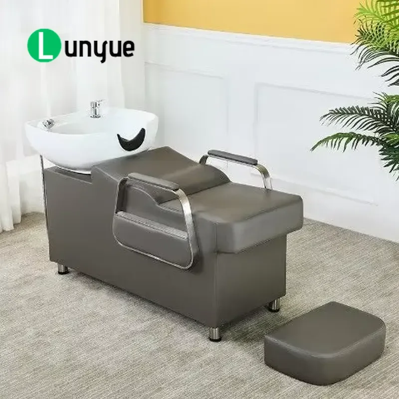 Modern Commercial Shampoo Chair Synthetic Leather High Density Sponge Ceramic Basin Semi Reclining Hair Washing Station