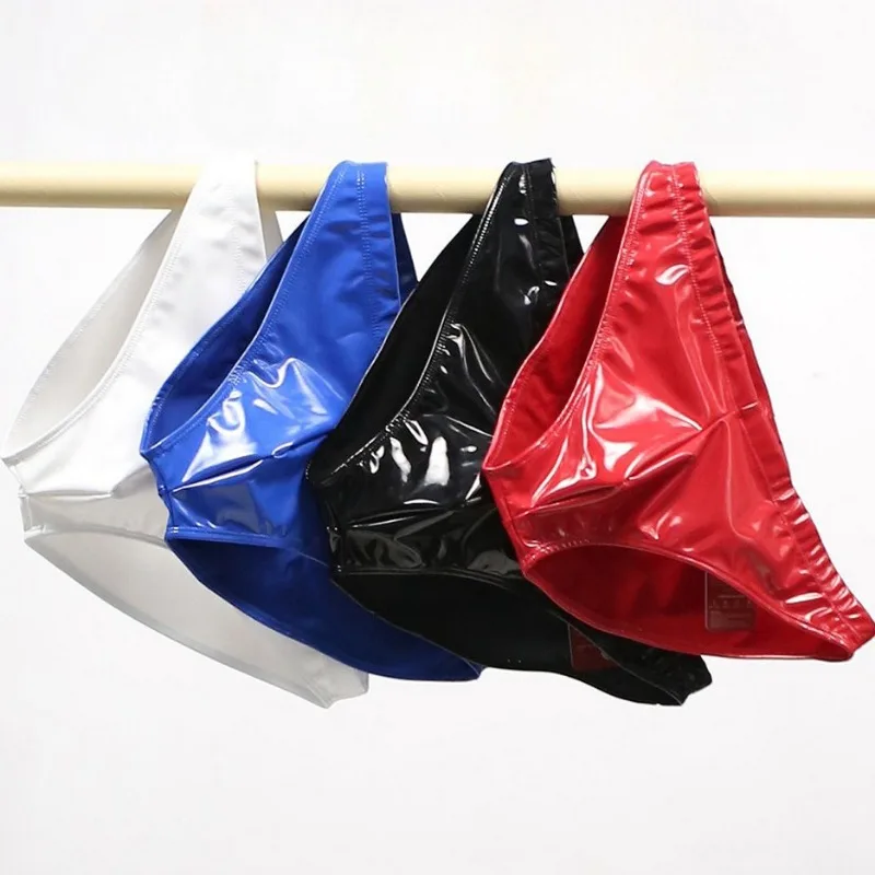 

Imitation Latex Sexy Men's Shiny Pouch Underwear Patent Leather Male Lingerie Panties Fashion Glossy Man Hombre Briefs Tight Fit