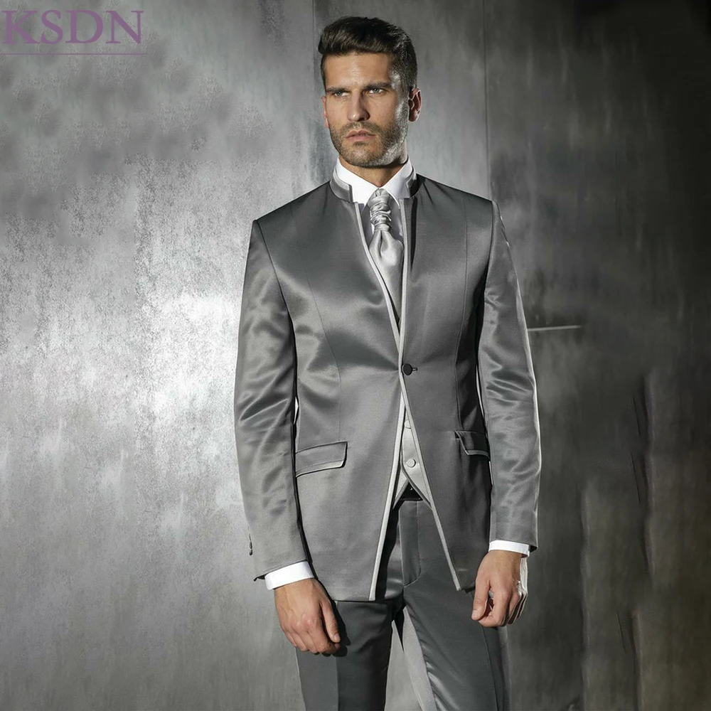 Luxury Men's Suits Fashion Satin One-Button 3 Piece Jacket Pants Vest Full Sets Business Slim Fit Male Clothing Costume Homme