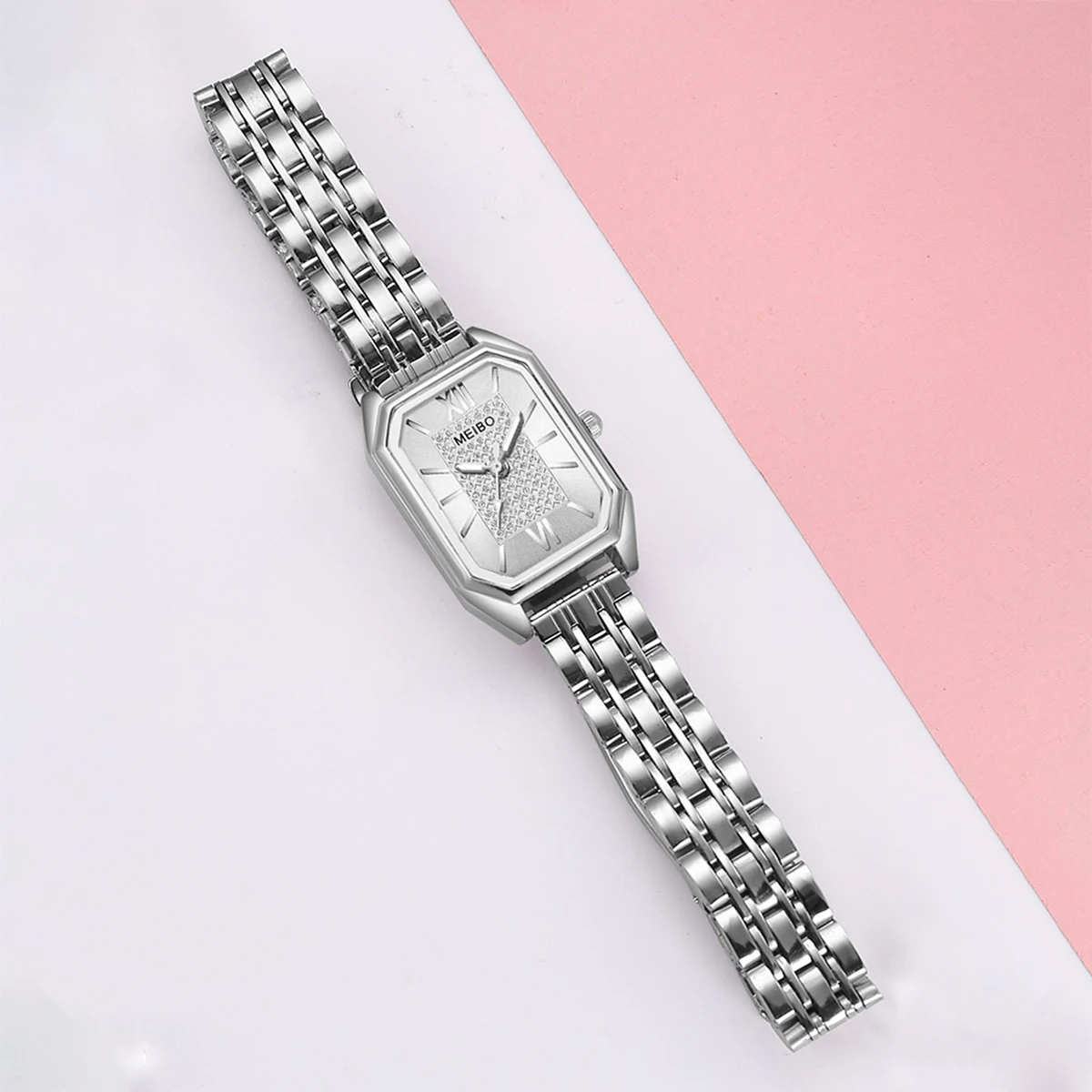 6PCS/Set Fashion Rectangle Women\'s Watch Silver Steel Band Ladies Quartz Watches Bracelets Set（Without Box）