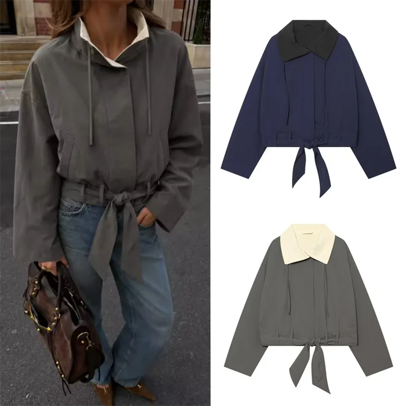 Guobioziy 2026 Women's Jacket Fall/Winter New Color-Block Lapel Tie Casual Simple Short Jacket Parka Stylish and Trendy