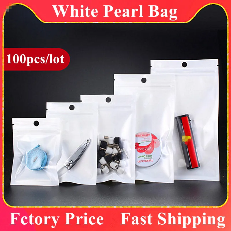 100pcs Clear Front White Zip Lock Gifts Bag Translucent Snack Candy Phone Case Jewelry Mask Bracelet Ornaments Packaging Pouches