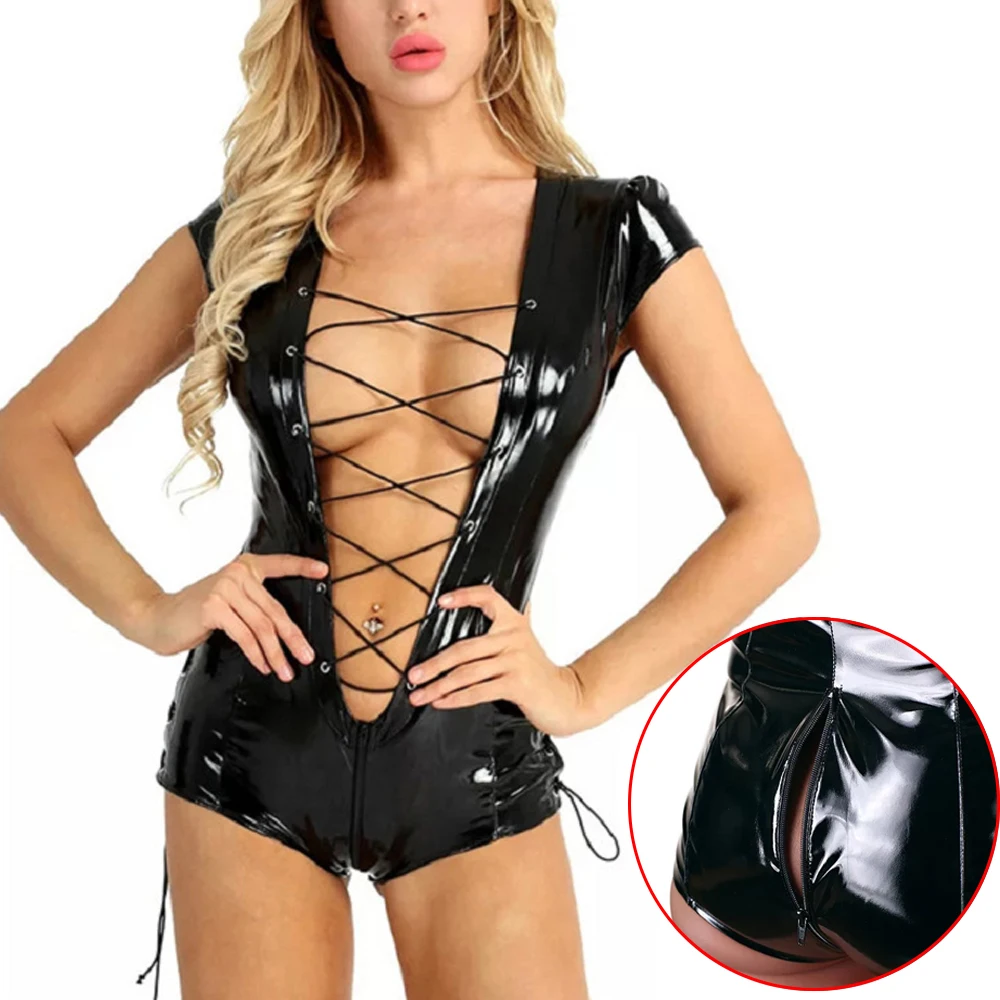 

Sexy Deep-V Lace-up Rompers Women Jumpsuit PU Leather Wetlook PVC Latex Catsuit Zipper Crotch Rompers Bodysuit Dance Clubwear
