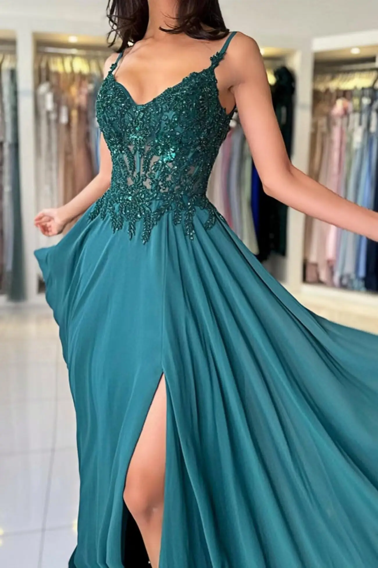 Custom A Line Spaghetti Straps V Neck Long Chiffon Prom Dress For Women With Slit Formal Evening Wedding Party Bridesmaid Dress