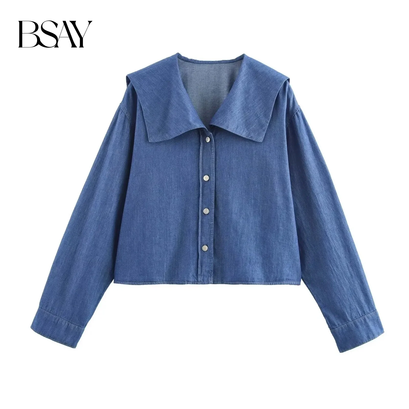 BSAY デニムシャツ女性のためのファッション秋冬新ソリッドカラー長袖シングルブレストラペルブラウスシックなレディーストップ