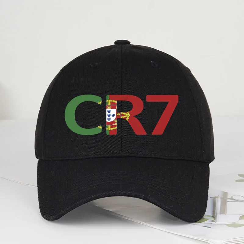 CR7 Portugal Print Schwarze Baseballkappe, verstellbar, Unisex, Fußballspieler, lässiger Sonnenhut