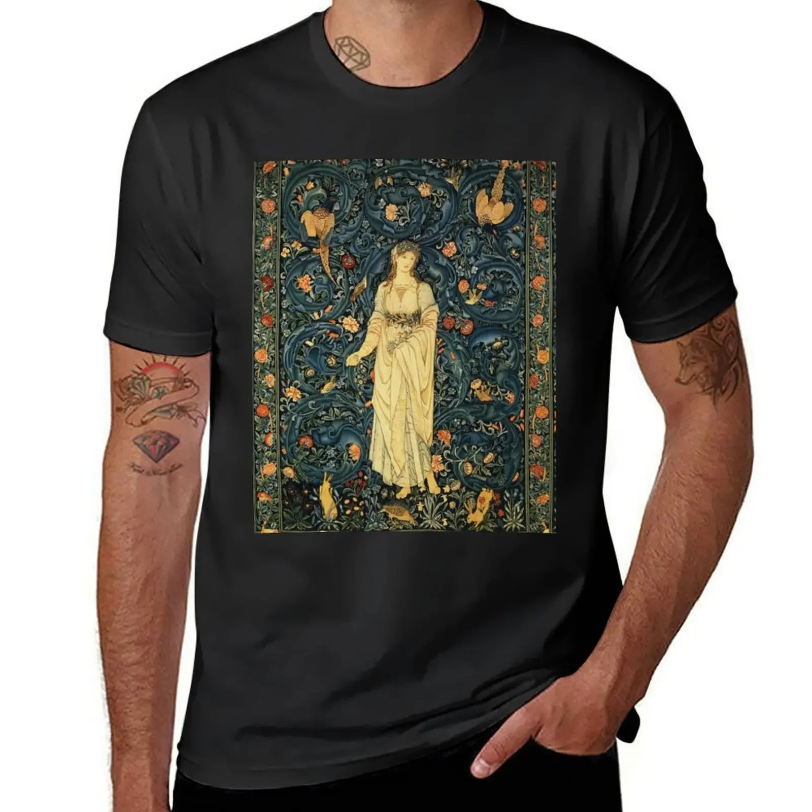 LADY FLORA, GREENERY, FOREST ANIMALS ,PHEASANT BIRDS ,RABBITS Blue Green Floral Tapestry T-Shirt blacks cotton t shirt men