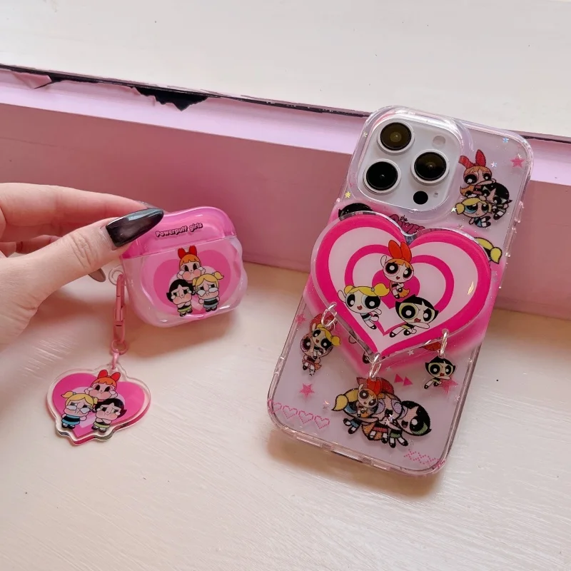 สีชมพูน่ารัก 3Dหัวใจรักการ์ตูนP-Powerpuffสาววงเล็บเคสโทรศัพท์สําหรับiPhone 13 14 15 16Pro Maxน่ารักขาตั้งกันกระแทก