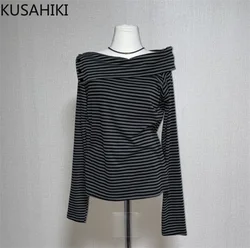 KUSAHIKI Autumn Hit Color Striped Fashion Strapless Buttons Turn-down Collar Long Sleeve T-shirts Causal Spicy Girl Y2k Tops