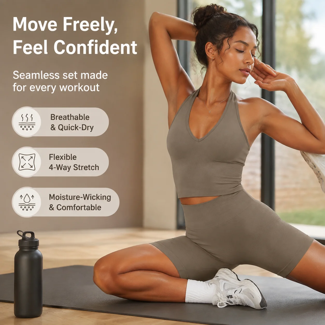 Women's Seamless Halter Sports Bra & Shorts Set - V-Neck Gym 2-Piece Activewear, Multiple Colors, S-XL