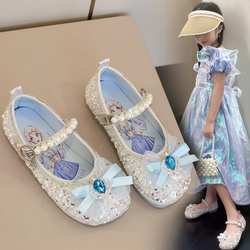 Disney Children\'s Shoes Frozen Elsa Girls Princess Shoes Fashion Shiny Sequined Pearls Kids Soft Bottom Sandals Outdoor Shoes