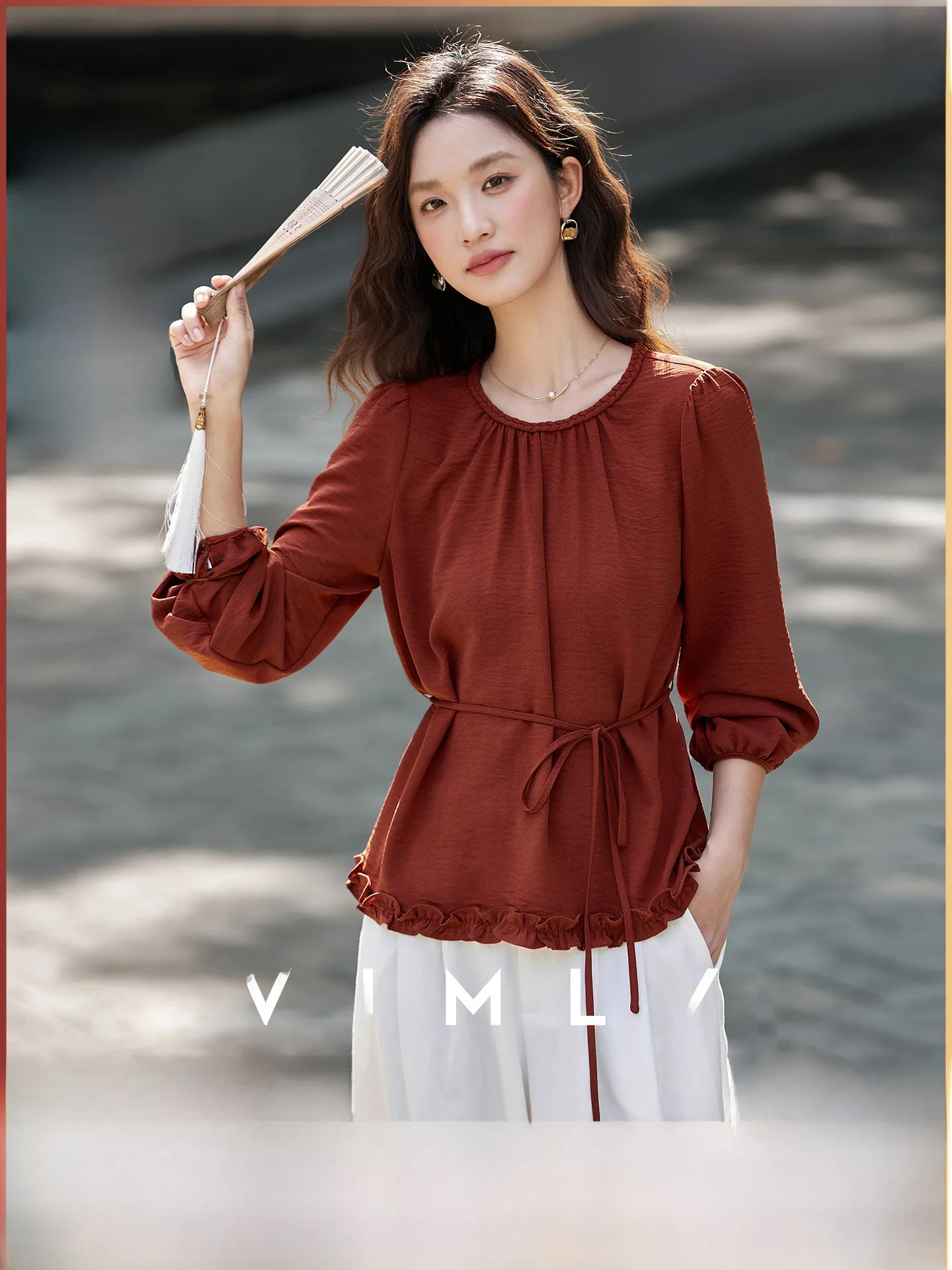 

Женская рубашка в стиле ретро с круглым вырезом и длинными рукавами, повседневная, из полиэфирного волокна, с объемными рукавами, универсальная, для весны и осени