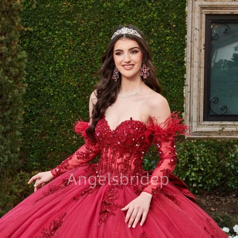 Angelsbridep 2025 Mexican Burgundy Ball Gown Quinceanera Dresses With Detachable Long Sleeve Party Dress Woman Vestidos De Festa