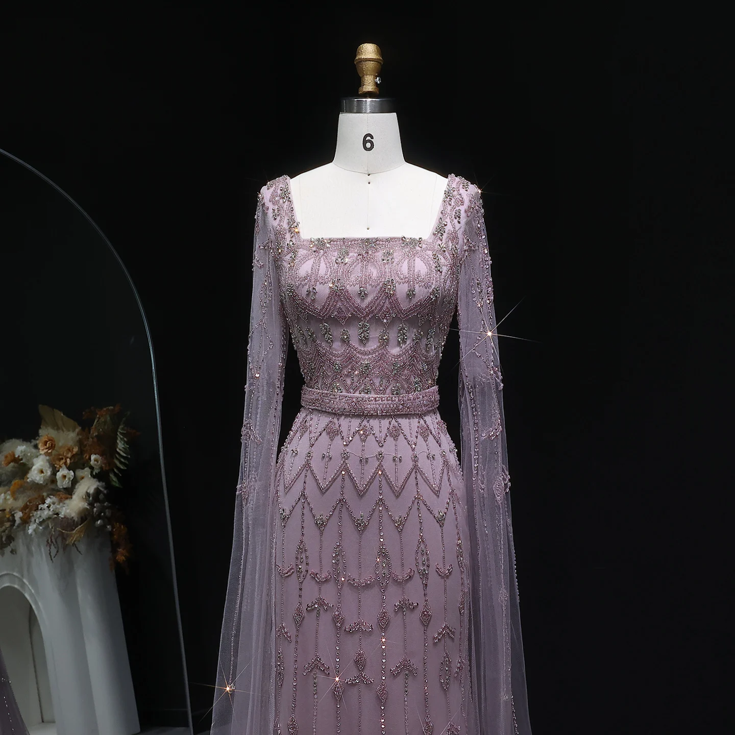 Sharon Said Luxuriöses Kristallrosa Quadratisches Abendkleid mit Cape-Ärmeln, Türkis, Arabische Damen Hochzeitsfeierkleider SS089, Anpassbar – Detail 15