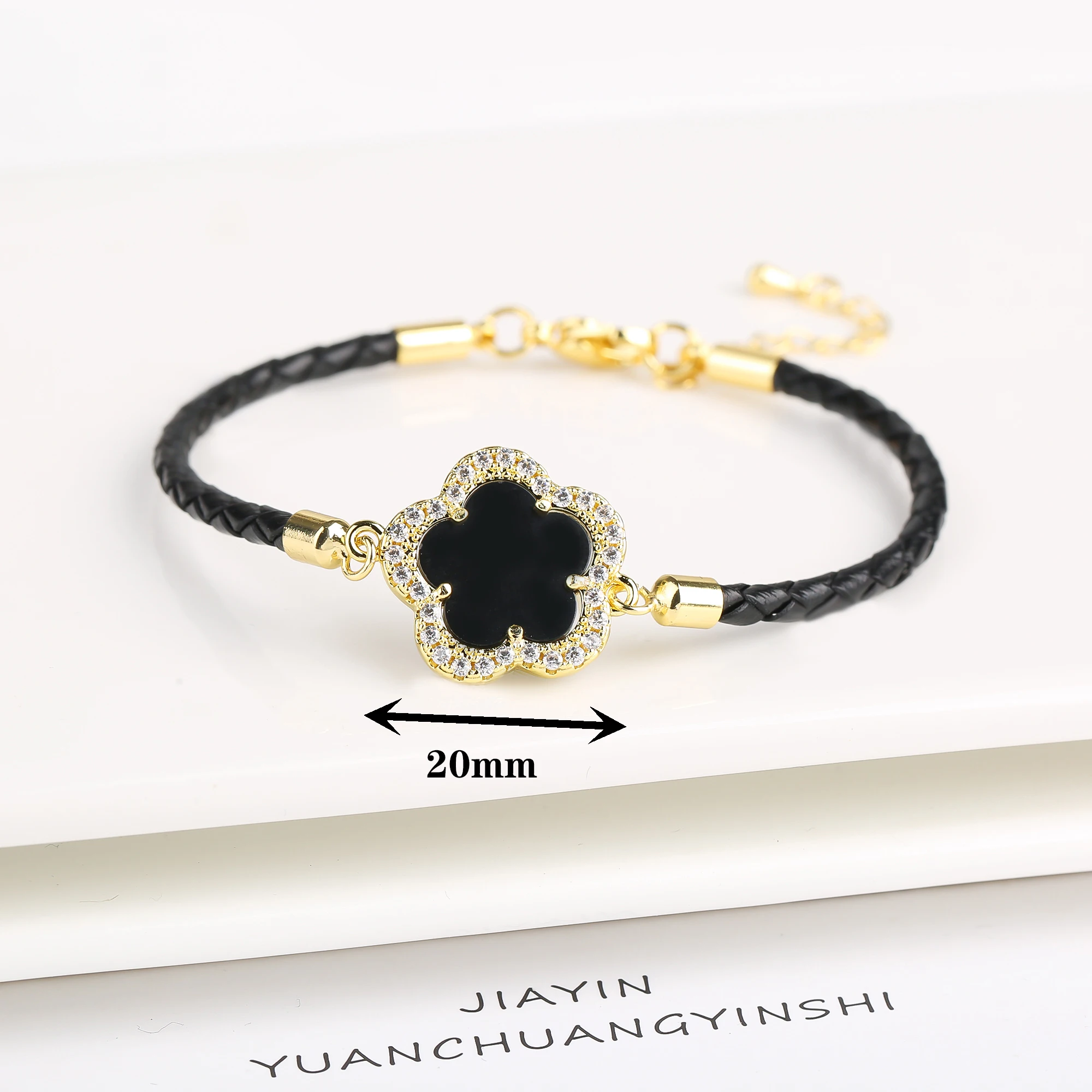 Classic Genuine Leather Woven Natural Stone Flower Charm Bracelet