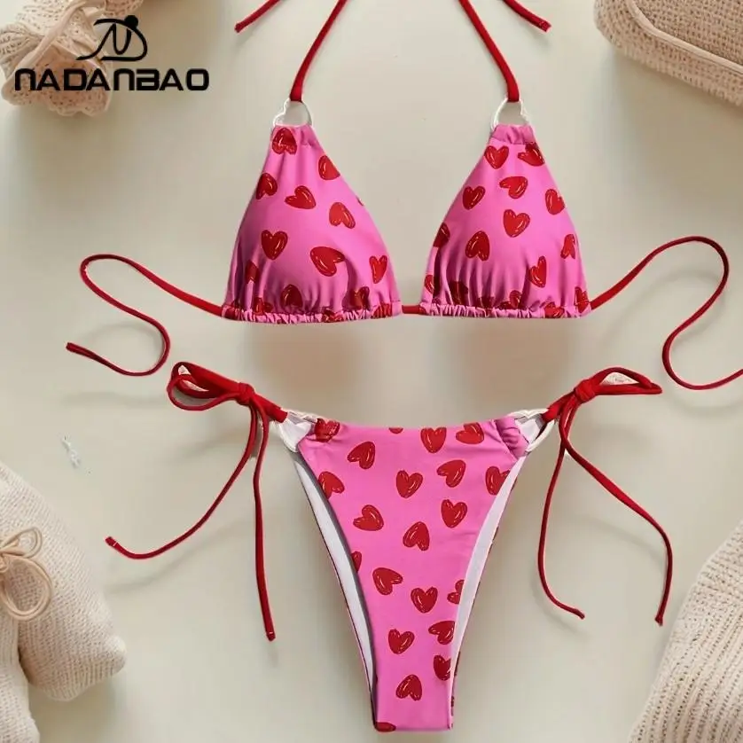Nadanbao Love Heart Printed Bikini for Women Sexy Backless Strap Split Swimsuit Valentine's Day Rose Red Slim Lady Beach Wear
