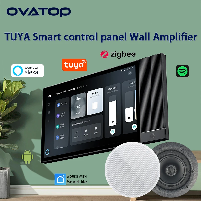 TUYA smart home control panel android11 sound system audio in wall amplifier Bluetooths ZIGBEE Gateway ALEXA IR ceiling speakers