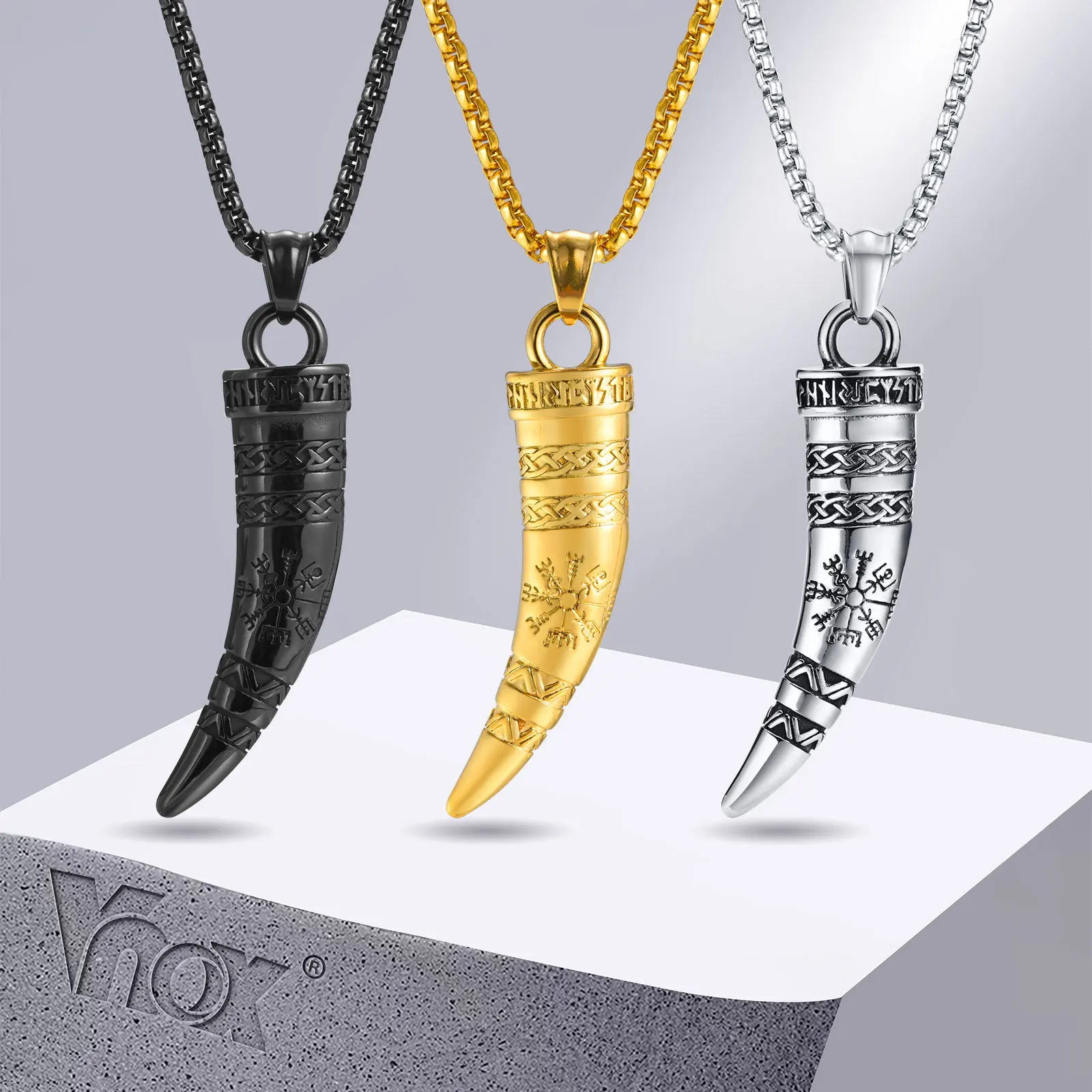 Vnox Rock Punk Viking Horn Necklaces for Men, Stainless Steel Norse Celtic Knots Compass Pendant Collar, Amulet Gift Jewelry