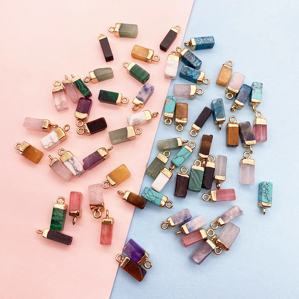 Natural Stone Watermelon Quartz Polished Rectangular Block Single-hole Electroplated Pendant DIY Material for Necklaces Jewelry