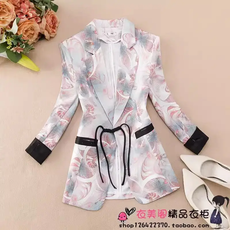 Blazer de botão estampado estilo chinês para mulheres, terno de manga três quartos, jaqueta fina, casaco de verão, top, K1317, 2024