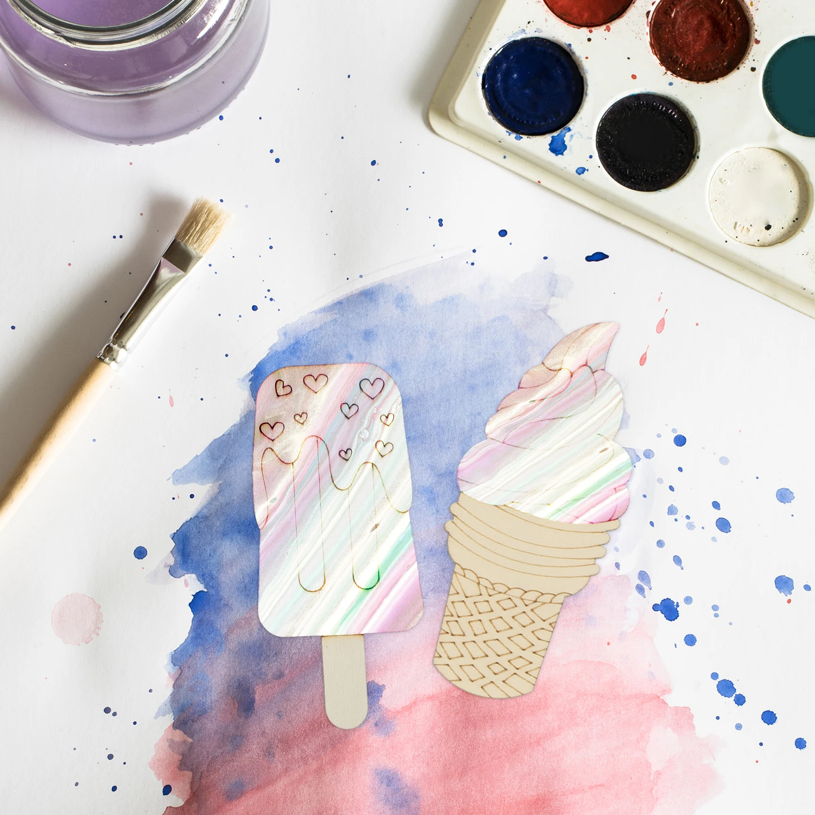 

70pcs Blank Wooden Slices Diy Crafts Cutouts For Home Decoration Ice Cream Shape Unfinished Wood Slices Graffiti Chips Diy Craft