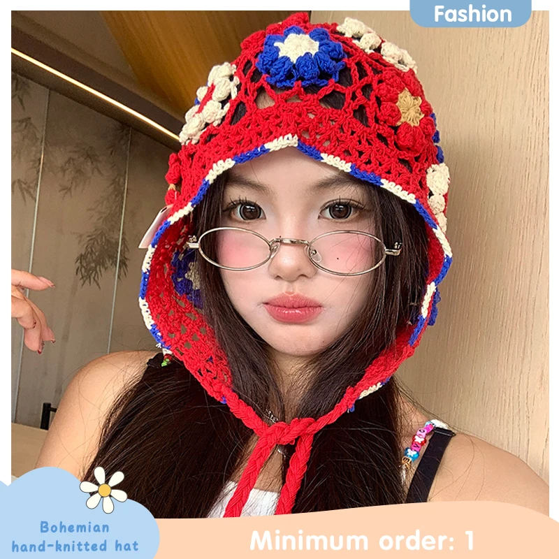 

Summer Bohemian Style Handmade Crochet Flower Tassel Knitted Hat for Women Travel Hollow Breathable Face-revealing Small Bun Hat