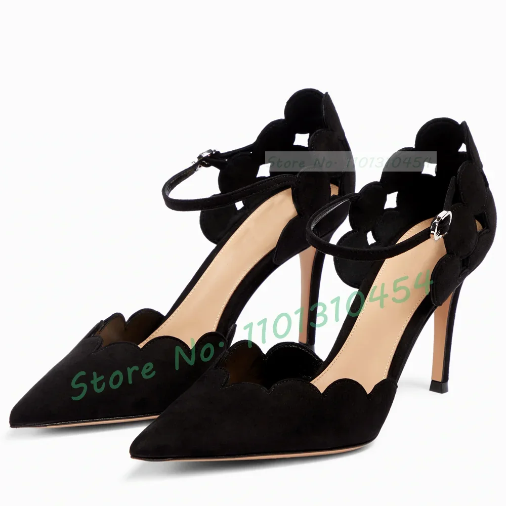 Sandali con tacco alto smerlati viola Sandali da donna di lusso con cinturino frontale in pelle scamosciata Scarpe a punta da donna Sandali eleganti concisi tutti abbinati