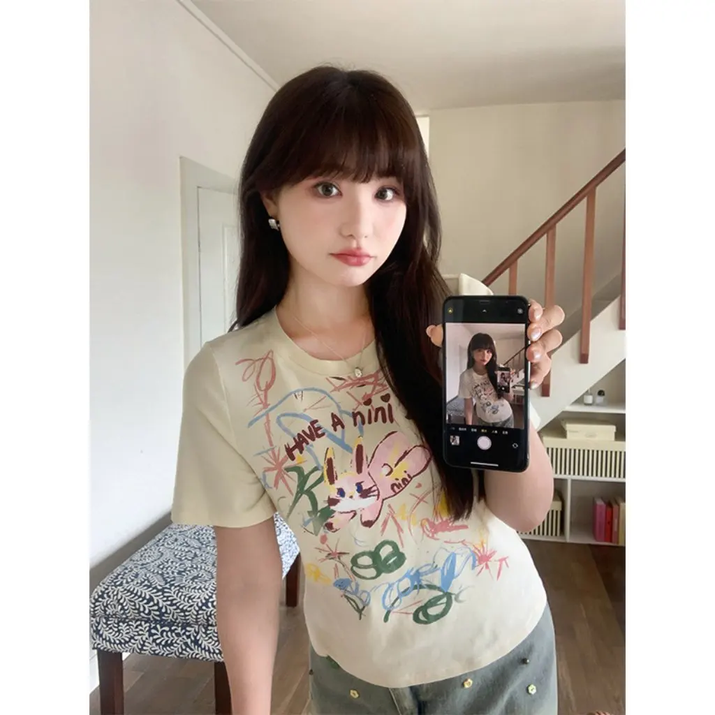 

Women's plus Size Retro American Graffiti Rabbit Print T-shirt Summer Slimming Temperament Top for Chubby Girls 63418