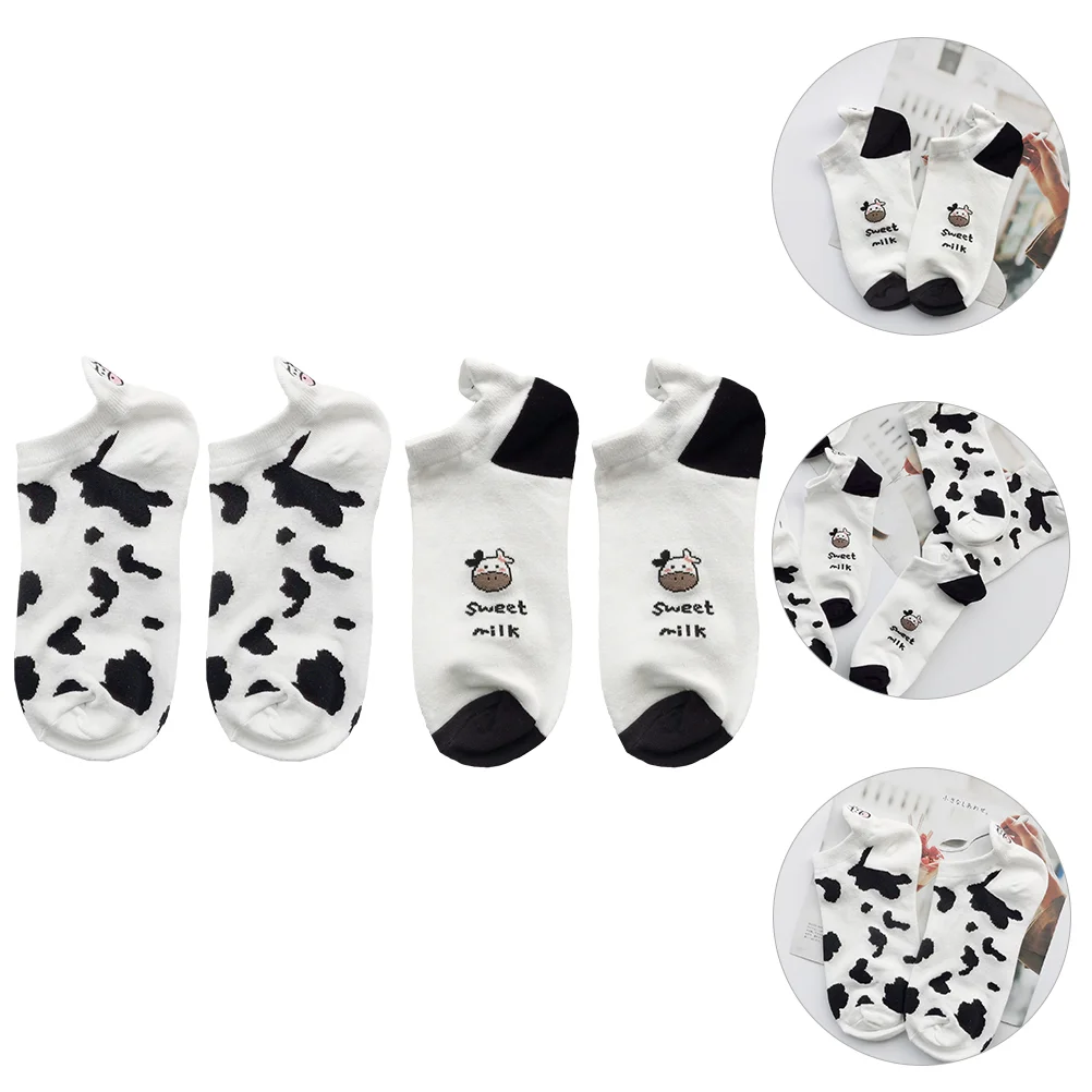 

2 Pairs Cow Printing Girl Anklet Socks Breathable Short Scck Low-cut Sock cow pattern socks cotton socks