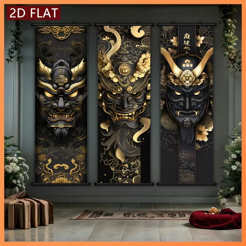 VIKAMA Black Gilded Hannya Mask Wall Tapestry Japanese Demon Gold Foil Luxury Scroll Art Home Decor Funny Humor Soft Durable