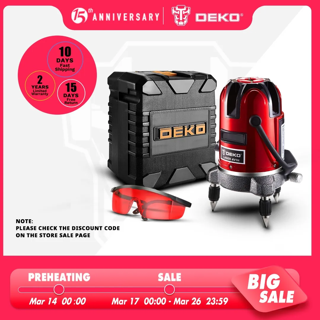 DEKO LL5 Series 5 Line 6 Points Red/Green Laser Level Self-leveling Horizontal&Vertical 360 Degree Adjustment Higher Visibility