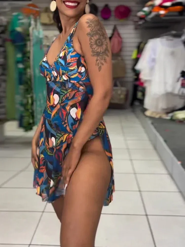 

UETEEY 2025 New Summer Swimwear One Piece Swimsuit Sexy Print One Piece Swimsuit Dress 2 Piece Set Women Swimsuit Beach Dress