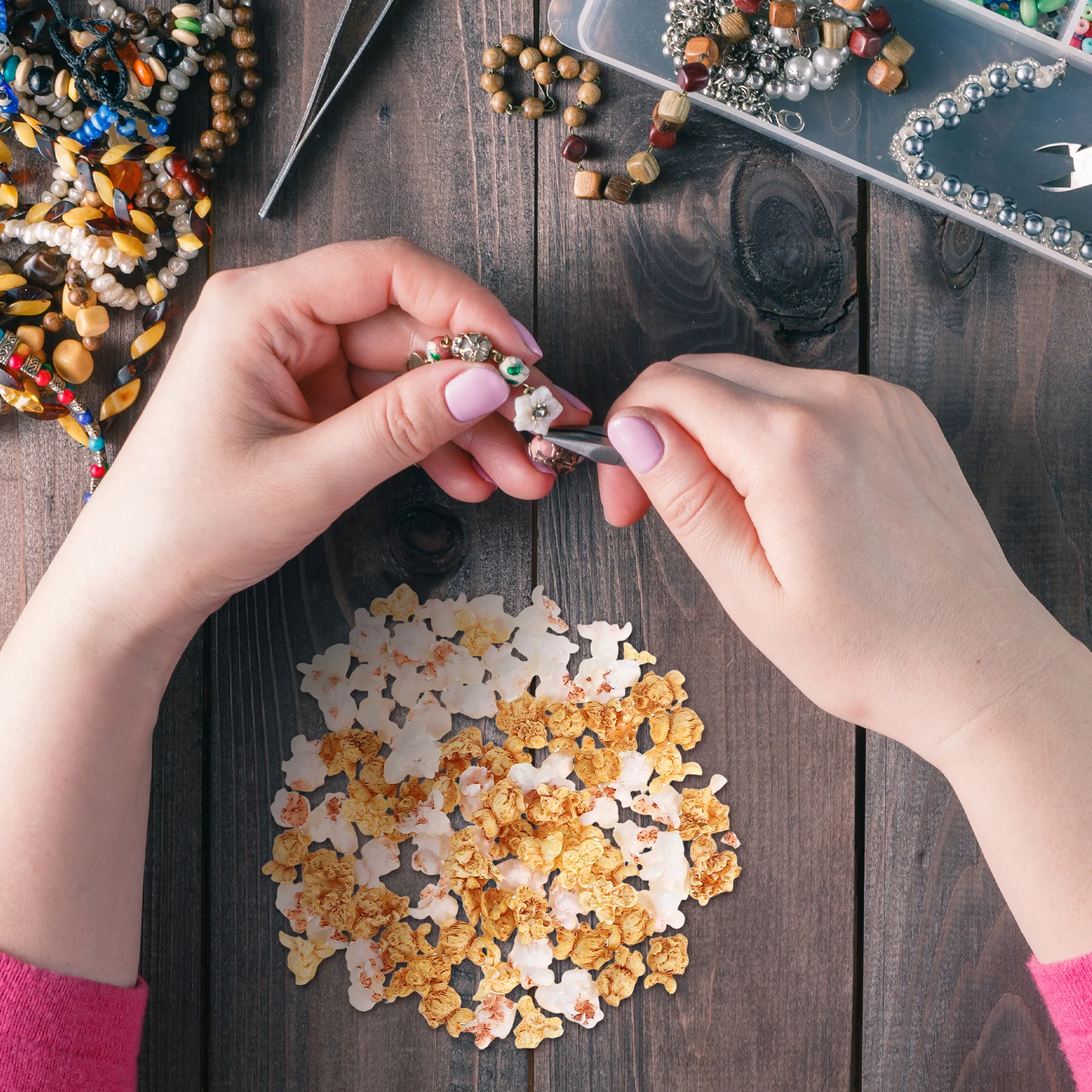 

100pcs Simulation Popcorn Charm Premium Resin Diy Craft Decor For Phone Case Mini House Accessory Faux Popcorn Prop Kid