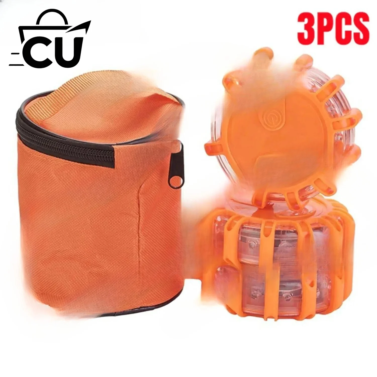 3 PCS LED Road Flares Emergency Lights Roadside Safety Beacon Disc Flashing Warning Flare Kit with Magnetic Base Storage Bags