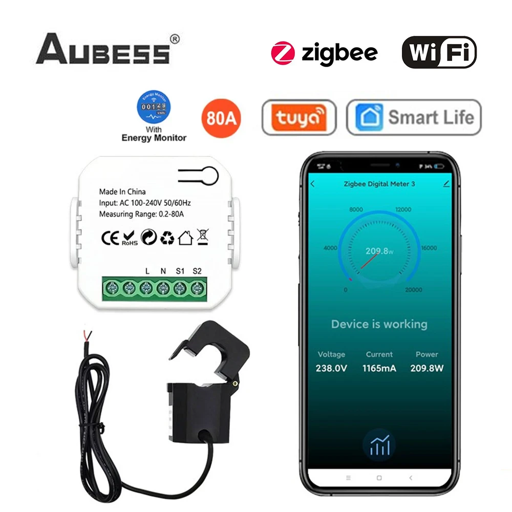 

Tuya Smart Life Zigbee WiFi Energy Meter 80A With Current Transformer Clamp KWh Power Monitor Electricity Statistics 110V 230V