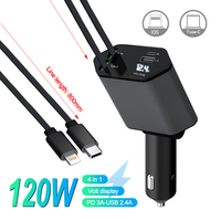 120W PD+USB Type C Car Fast Charger with 2 Retractable Cables Car Phone Charger Voltmeter 4 in 1 Power Adapter for IPhone IPad