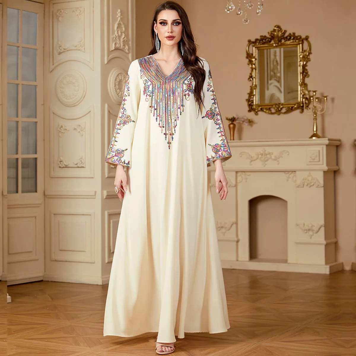

2025 Dubai Women Robe Embroidered Muslim V-Neck Dress Abaya Kaftan Turkey Caftan Arabic Islamic Ramadan Musulmane Femme Vestidos