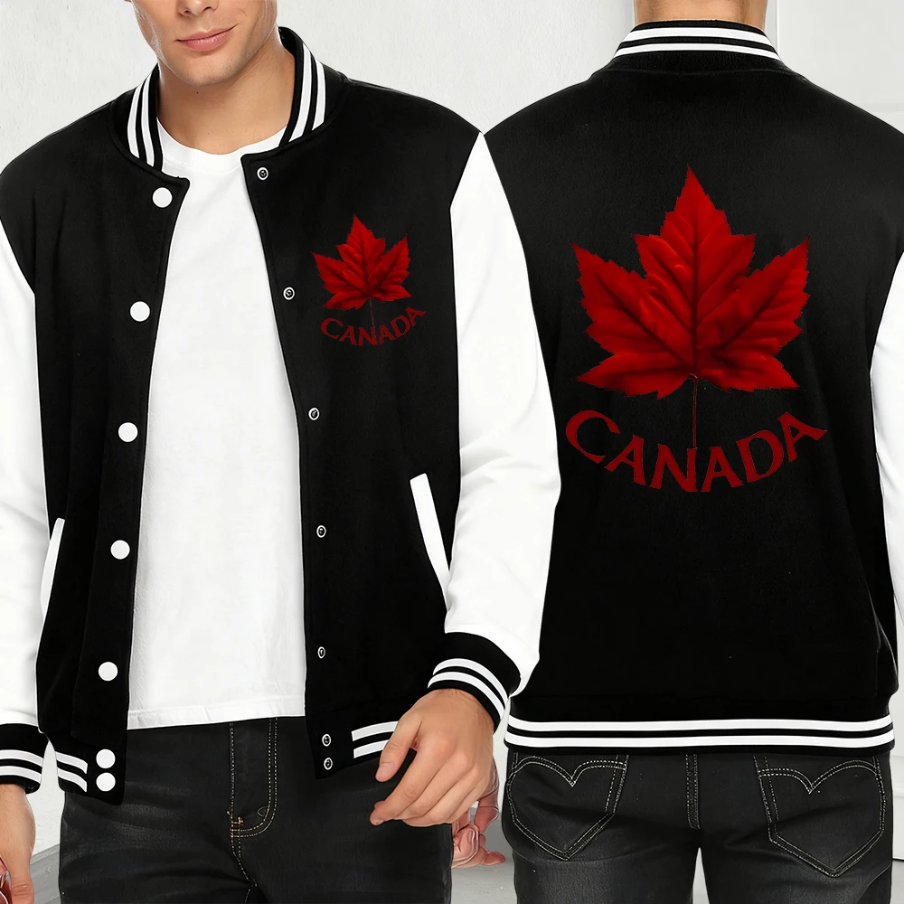 

Canada And Maple Leaf Print Baseball Jersey For Men Fashion Casual Streetwear Personality Warm Y2K Clothing Autumn Loose Menwear