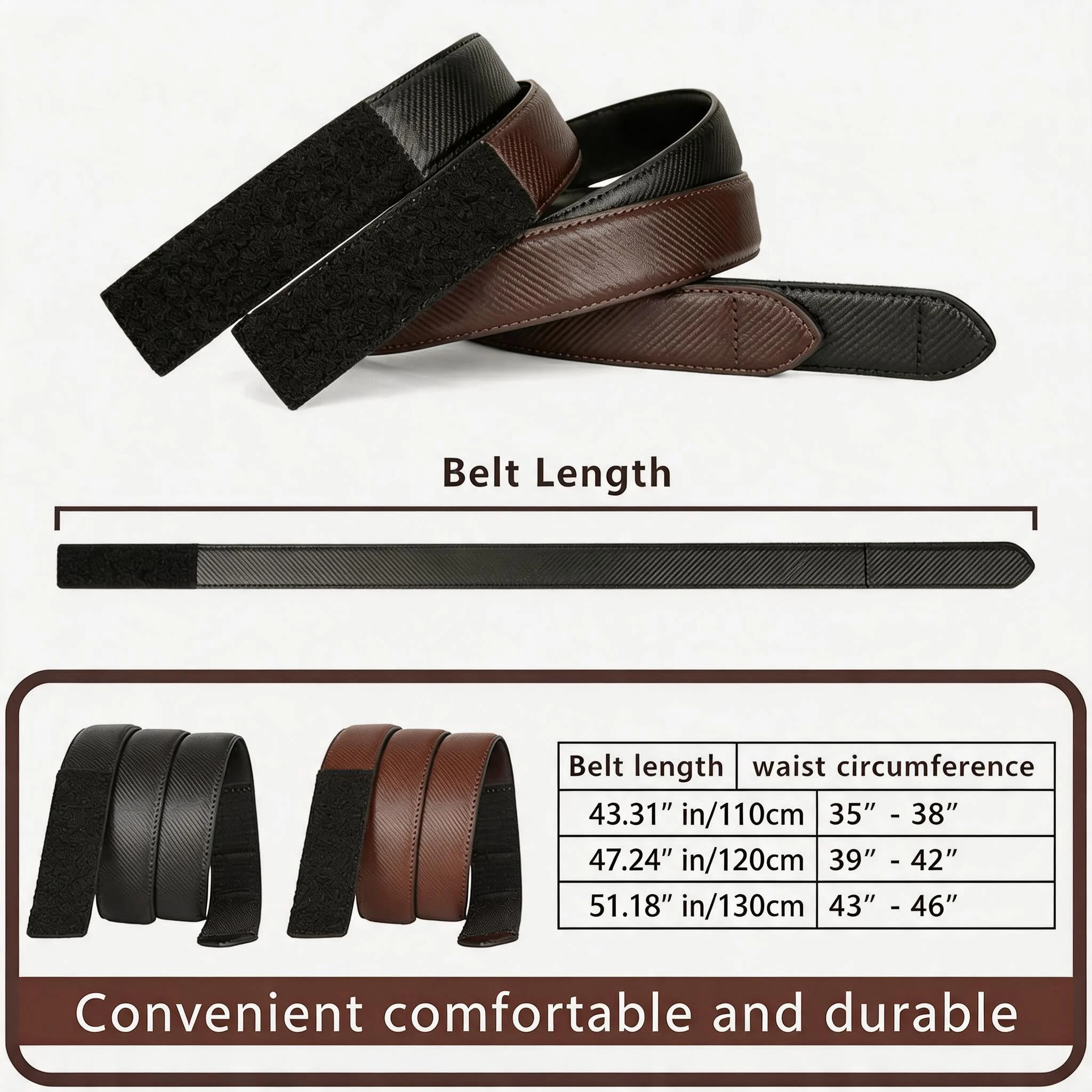 2pcs Men’s Hook-and-Loop Fastening Belt With Smooth Polished Strap Surface and Subtle Stitching Detailing, Invisible Adjustment