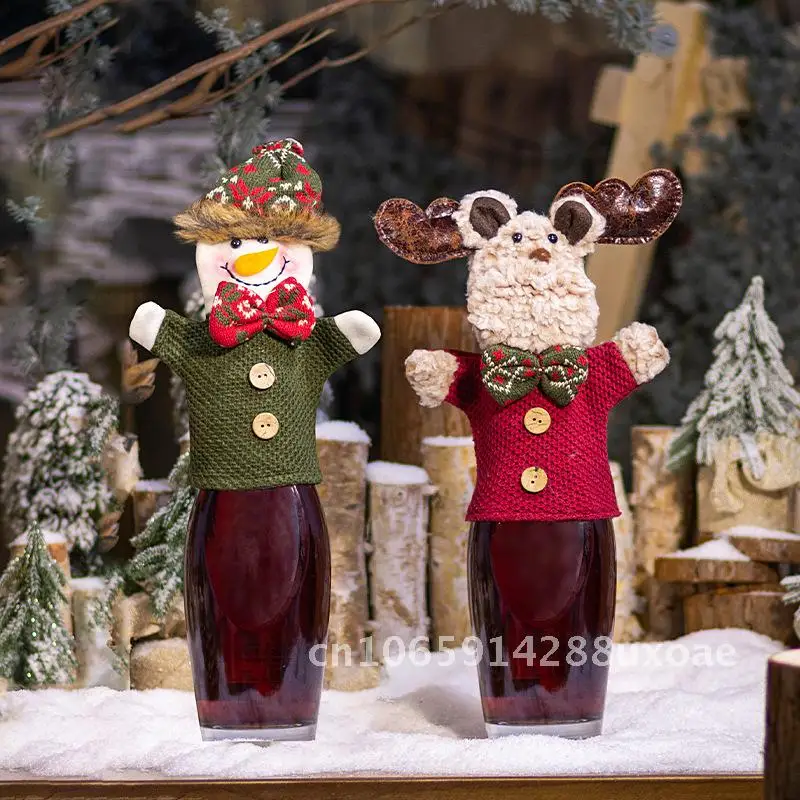 

New Deer Wine Bottle Set Snowman Decorative Ornament Champagne Red Wine Knitted Decorative Set
