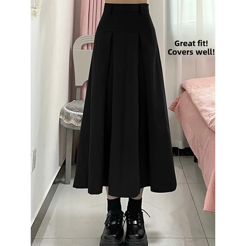 Bla تنورة عالية الخصر على شكل حرف a للسيدات مقاس كبير بدلة Sle الأمريكية الخصر التخسيس تنورة ميدي للتنقل لون نقي النسخة الكورية