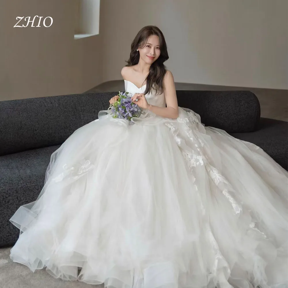 

ZHIO Princess Floral Tulle Wedding Dress Sweetheart A-Line Tulle Korea Photo Shoot Bridal Reception Gown Customized 저녁 드레스