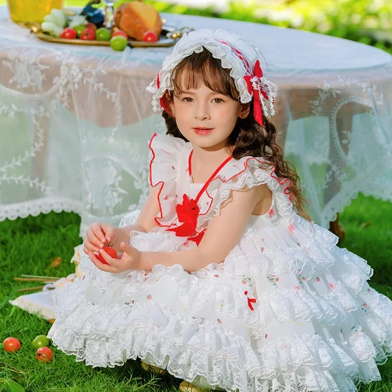 Summer New Lace With Red Bow Girls Lolita Dress Kids Clothing Baby Cute Floral Cake Skirt Kawaii Party Dresses Gifts For Baby