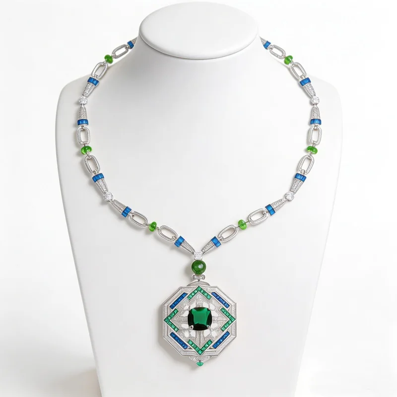 Vintage Fashion Style Necklace Women Lady Inlay Cubic Zircon Synthetic Emerald Pendant Green Beads Party Fine Jewelry